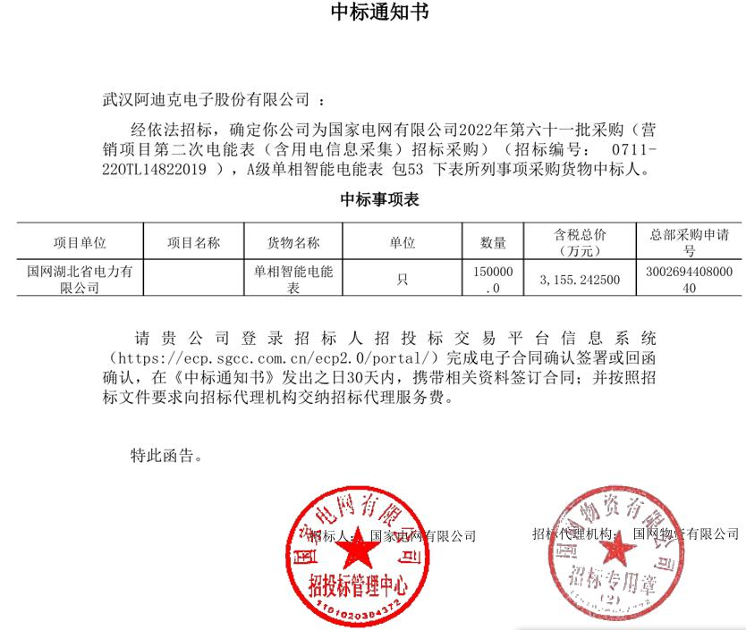 熱烈祝賀公司在國家電網(wǎng)2022年第六十一批電能表招標(biāo)項(xiàng)目中中標(biāo)